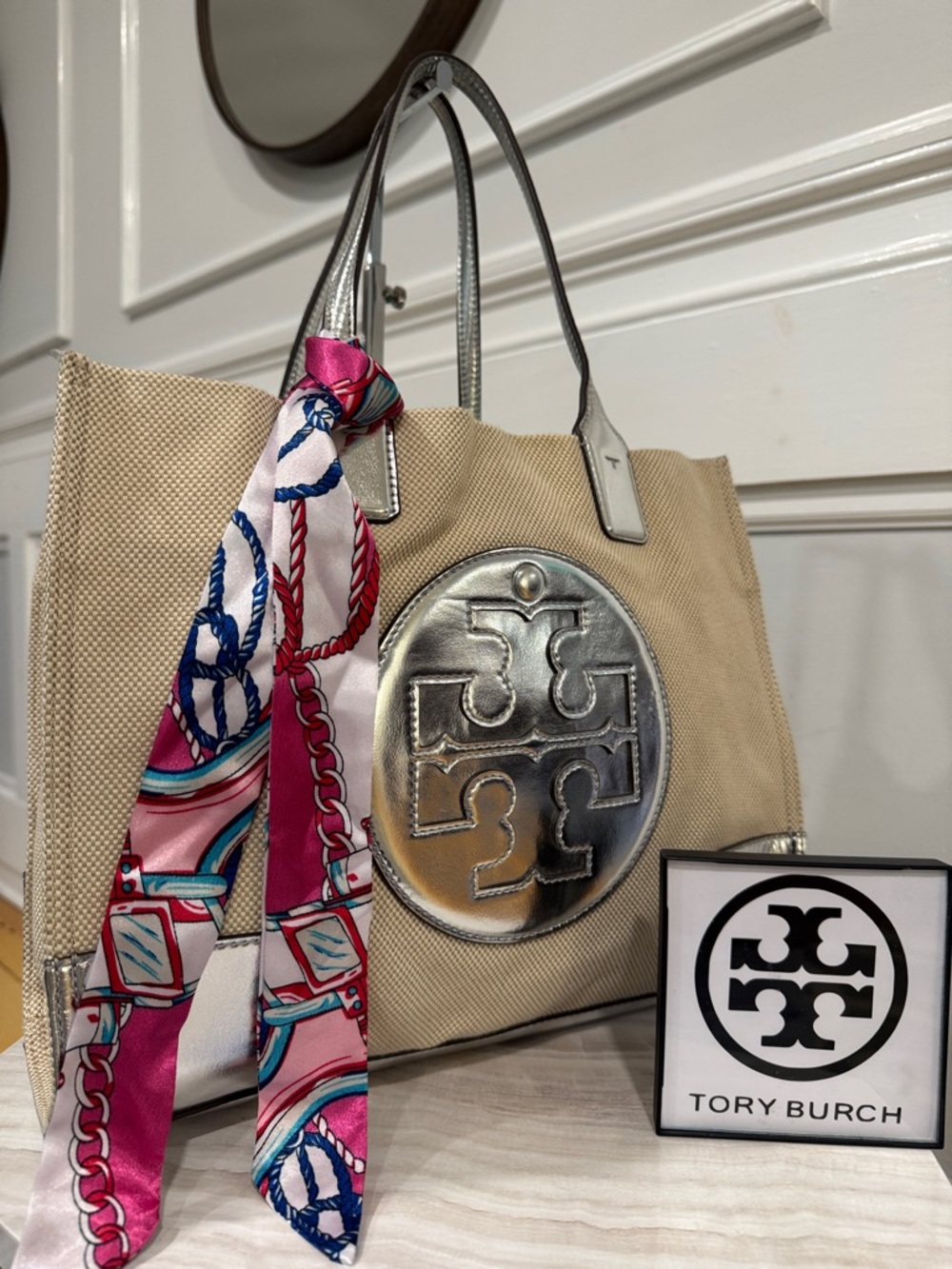 Tory Burch Bag Small Ella Tan Beige Canvas Tote with Silver Logo Tote
